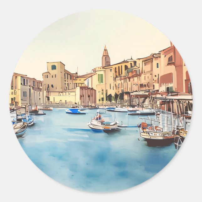 Sticker Rond Bord De Mer Et Bateaux Dans Le Port, Italien (Devant)