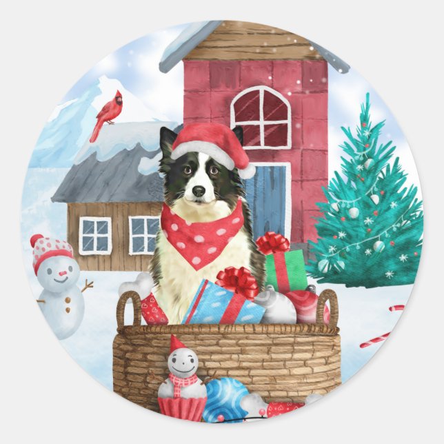 Sticker Rond Border Collie Chien Dans Maison de Noël enneigée (Devant)