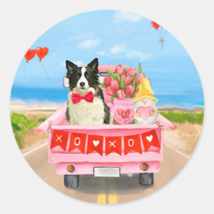 Sticker Rond Border Collie Chien Saint-Valentin Camion Cœurs