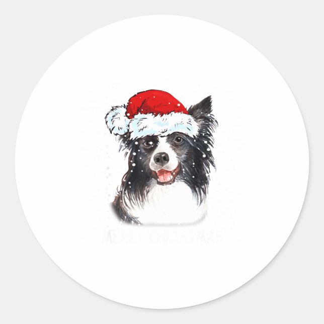 Sticker Rond Border Collie Dog Santa Christmas Lights Xmas Boys (Devant)