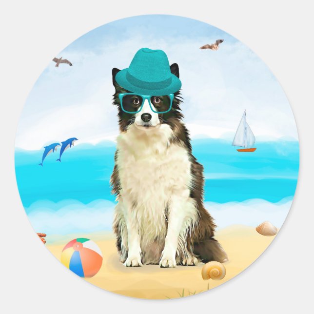 Sticker Rond Border Collie sur la plage (Devant)