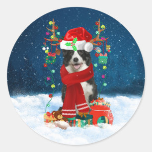 Sticker Rond Bordure Collie chien avec cadeaux de Noël