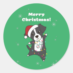 Sticker Rond Bordure Collie Chien de Noël Animaux d'hiver Chien