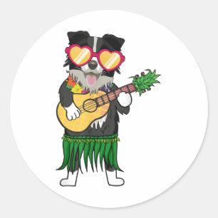 Sticker Rond Bordure Collie Costume hawaïen Jouer Ukulele Sum