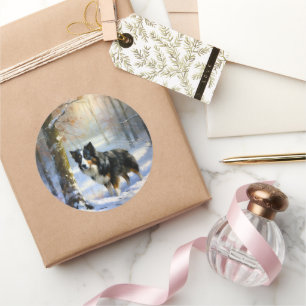 Sticker Rond Bordure Collie Laisser neiger Noël