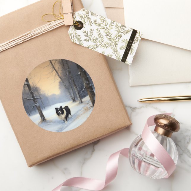 Sticker Rond Bordure Collie Laisser neiger Noël (Cadeaux)