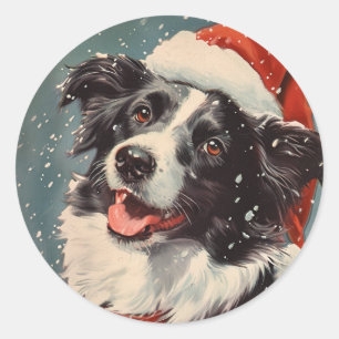 Sticker Rond Bordure Collie Noël