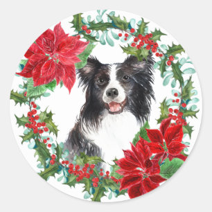 Sticker Rond Bordure Collie Poinsettia Holly Vacances