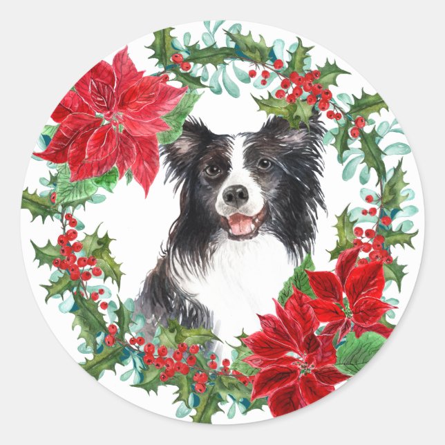 Sticker Rond Bordure Collie Poinsettia Holly Vacances (Devant)