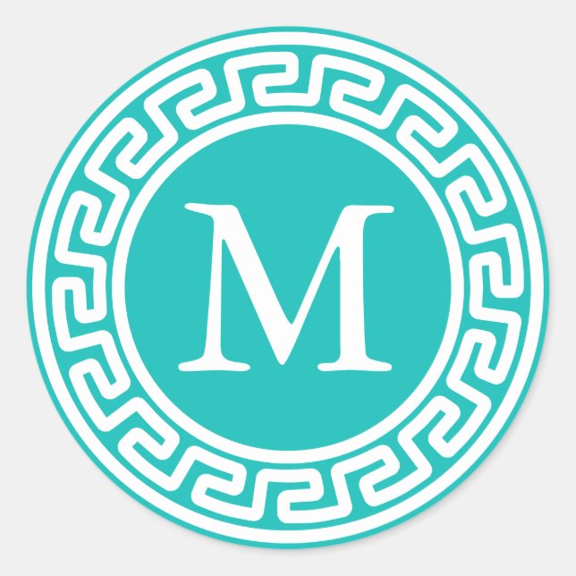 Sticker Rond Bordure de clé grecque ronde blanche turquoise Mon (Devant)