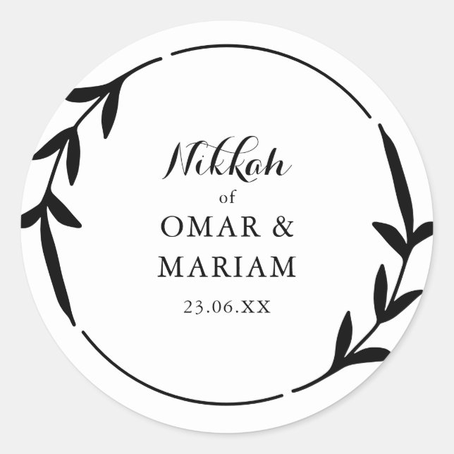 Sticker Rond Bordure de la feuille noire et blanche Nikkah Eleg (Devant)