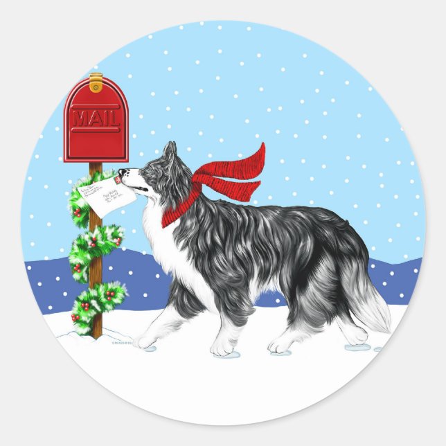 Sticker Rond Bordure de Noël Collie Mail (Devant)