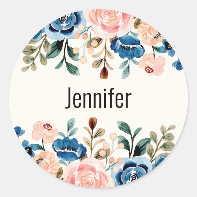 Sticker Rond Bordure des fleurs d'aquarelle rose et bleu (Devant)