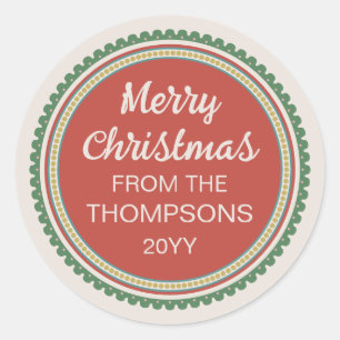 Sticker Rond Bordure festonnée rouge verte Joyeux Noël