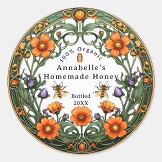 Sticker Rond Bordure florale Art Nouveau pour miel fait maison