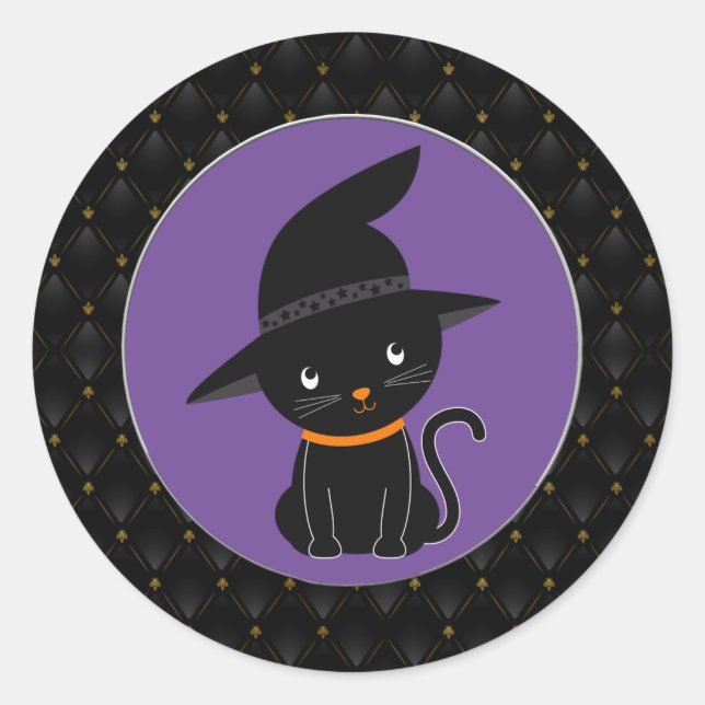 Sticker Rond Bordure noire Chat noir avec une sorcière Casquett (Devant)