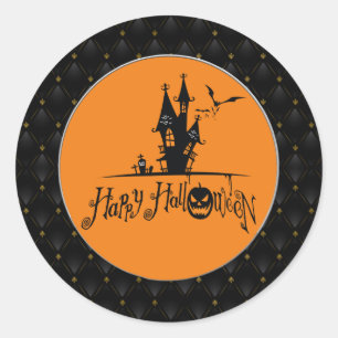 Sticker Rond Bordure noire Happy Halloween Maison hantée