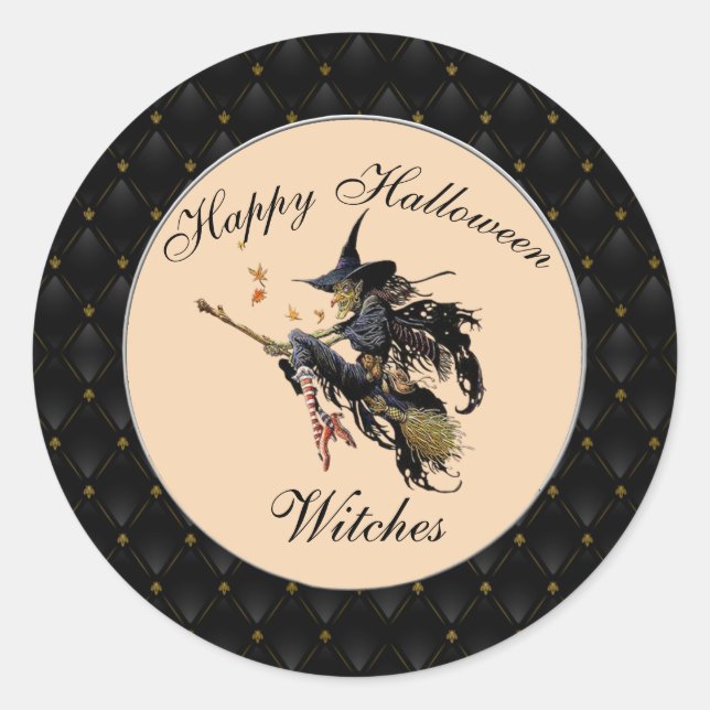 Sticker Rond Bordure noire Joyeuses sorcières d'Halloween (Devant)