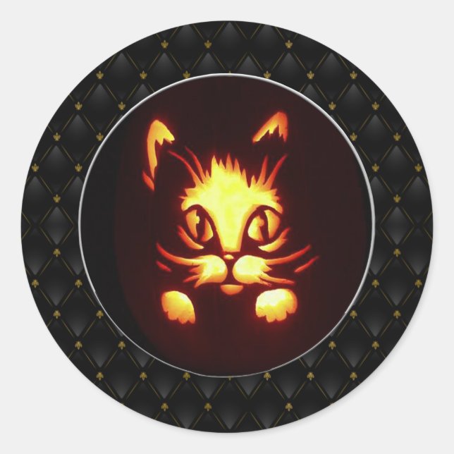 Sticker Rond Bordure noire Orange brillant Halloween Chat (Devant)