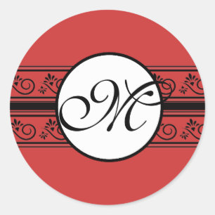 Sticker Rond Bordures de mariage à monogramme rouge foncé