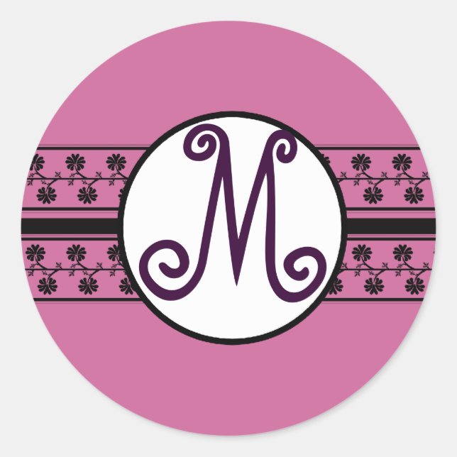 Sticker Rond Bordures de mariage monogramme prune (Devant)