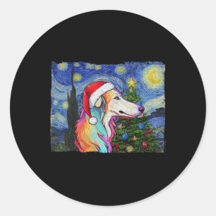 Sticker Rond Borzoi Santa Chapeau Noël Stress Night Chien Art P