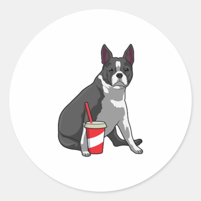 Sticker Rond Boston Terrier avec boisson (Devant)