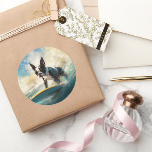 Sticker Rond Boston Terrier Beach Surfing Peinture