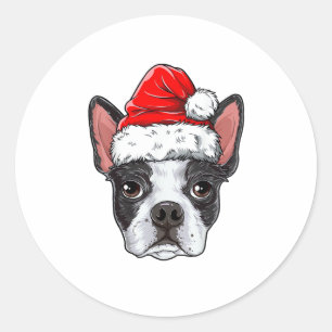 Sticker Rond Boston Terrier Chien de Noël Santa Hat Xmas Boys K