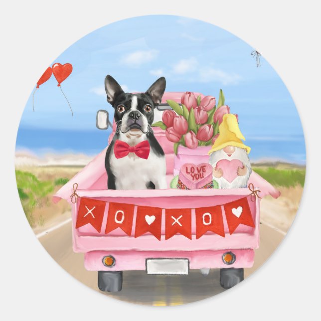 Sticker Rond Boston Terrier Chien Valentine's Day Truck Hearts (Devant)