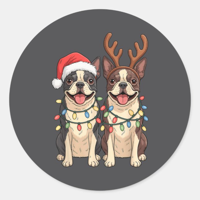 Sticker Rond Boston Terrier Christmas Santa Hat Reindeer Lights (Devant)