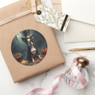 Sticker Rond Boston Terrier Citrouille Halloween effroi