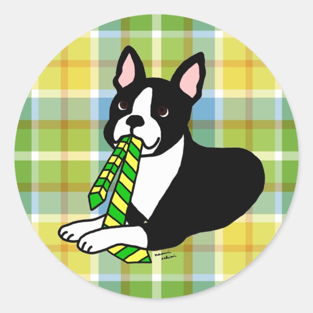 Sticker Rond Boston Terrier Daddy 1 Plaid (Devant)