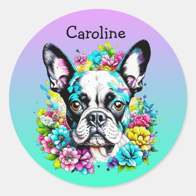 Sticker Rond Boston Terrier entouré de fleurs Personnalisé (Devant)