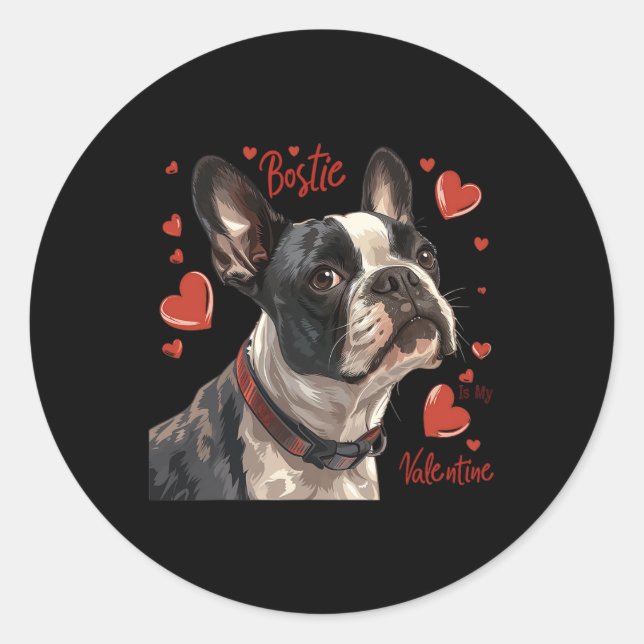 Sticker Rond Boston Terrier est mon Saint-Valentin Chien de com (Devant)