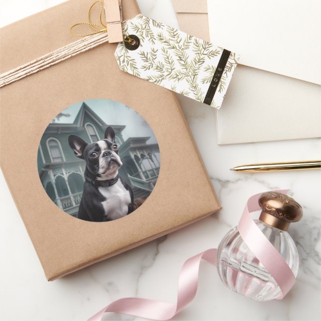Sticker Rond Boston Terrier Halloween effrayant (Cadeaux)