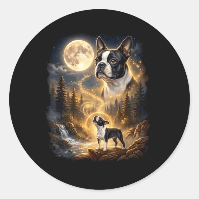 Sticker Rond Boston Terrier Hurle À La Lune Rétro (Devant)