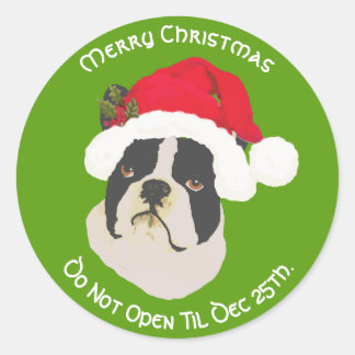 Sticker Rond Boston Terrier Joyeux Noël, Ne pas ouvrir avant
