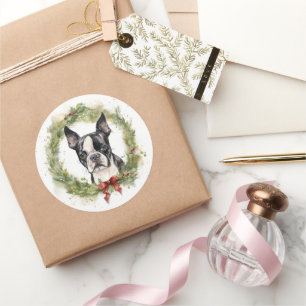 Sticker Rond Boston Terrier Noël Wreath Festive Pup