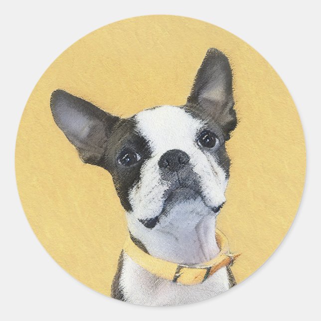 Sticker Rond Boston Terrier Peinture - Cute Original Chien Art (Devant)