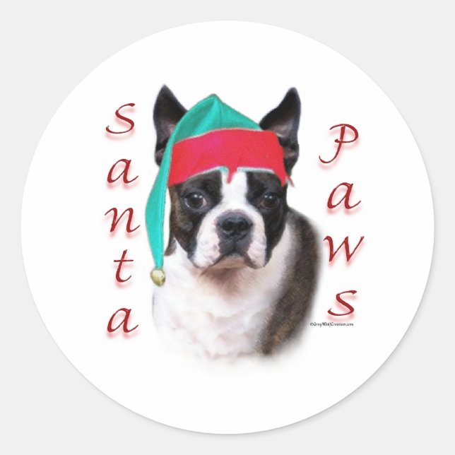 Sticker Rond Boston Terrier Père Noël Paws (Devant)
