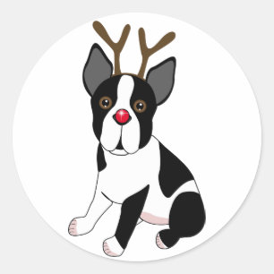 Sticker Rond Boston Terrier Reindeer