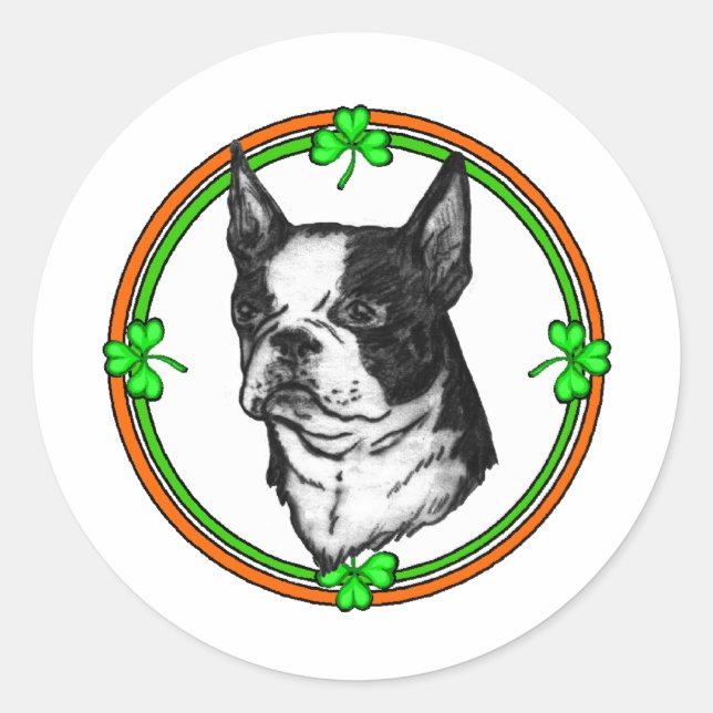 Sticker Rond Boston Terrier St Patrick's Day (Devant)