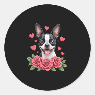 Sticker Rond Boston Terrier with Red Roses Hearts Valentine�s D