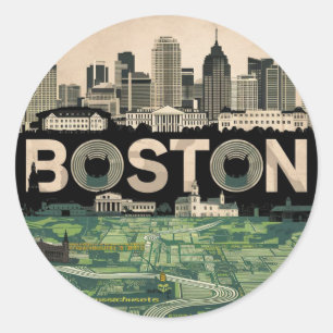 Sticker Rond Boston, vue panoramique de la ville avec carte