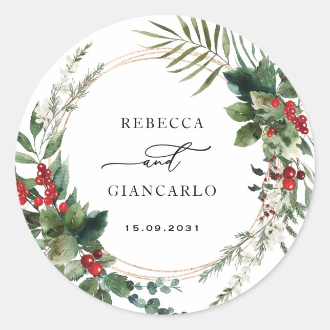 Sticker Rond Botanical Holiday Greenery Red Berries Wedding (Devant)