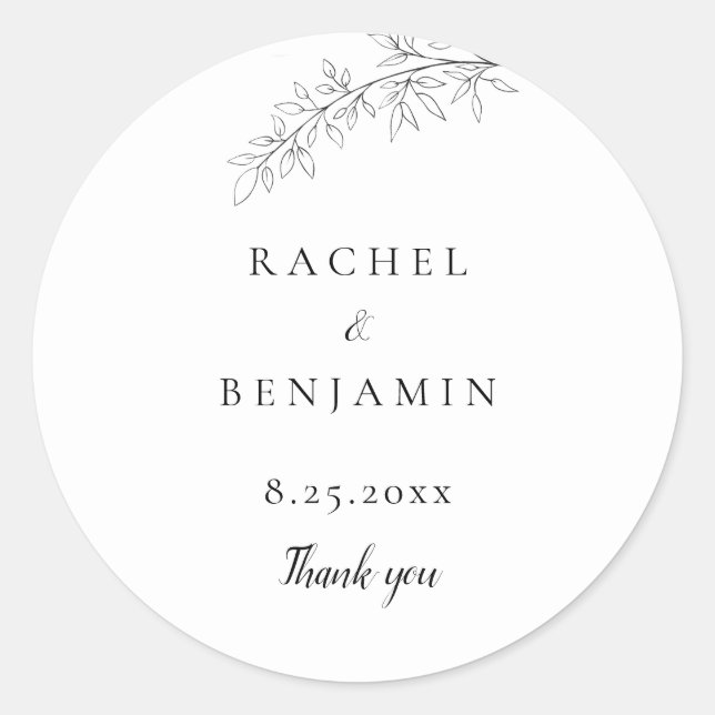 Sticker Rond Botanical Minimalist Wedding Thank you Black White (Devant)