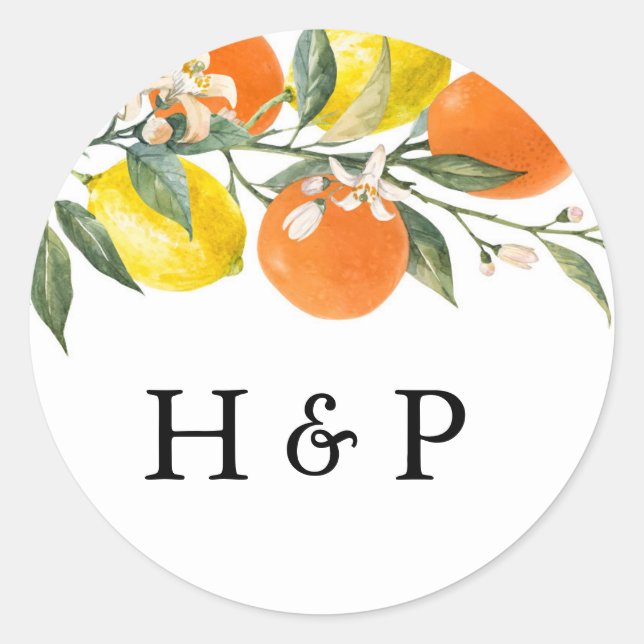Sticker Rond Botanical Orange and Lemon Wedding Monogram (Devant)