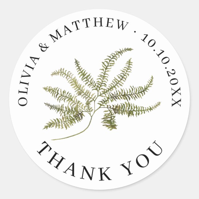Sticker Rond Botanical Wedding Thank You | Minimalist Fern (Devant)