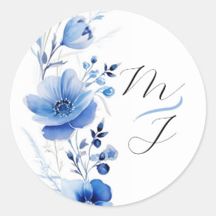 Sticker Rond Botanique à l'aquarelle florale bleue 